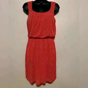 Maurice's Coral Lacy Lined MIDI Dress Sz M Gathered Waist